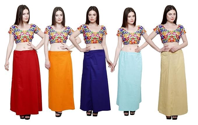 Image of Vlazom Women's Cotton Saree Petticoat - Pack of 5 Inskirts | Soft & Breathable Underskirts | Adjustable Drawstring Waist | Multicolor for Daily & Occasion Wear