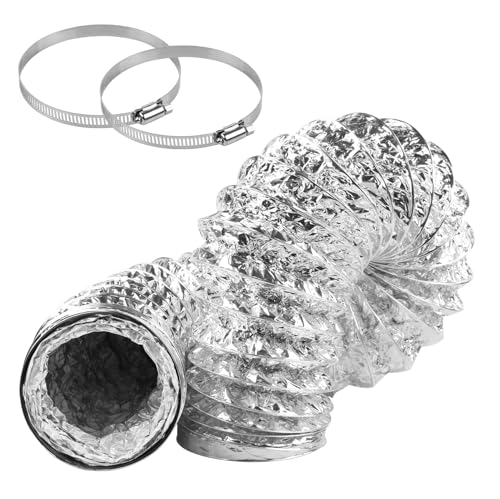 Teqooza Dryer Vent Hose 3 Inch Diameter 10 Feet Length Non-Insulated Double Layer 3 Meters Length Flex Air Aluminum Foil Ducting for HVAC Ventilation with 2 Clamps Silver