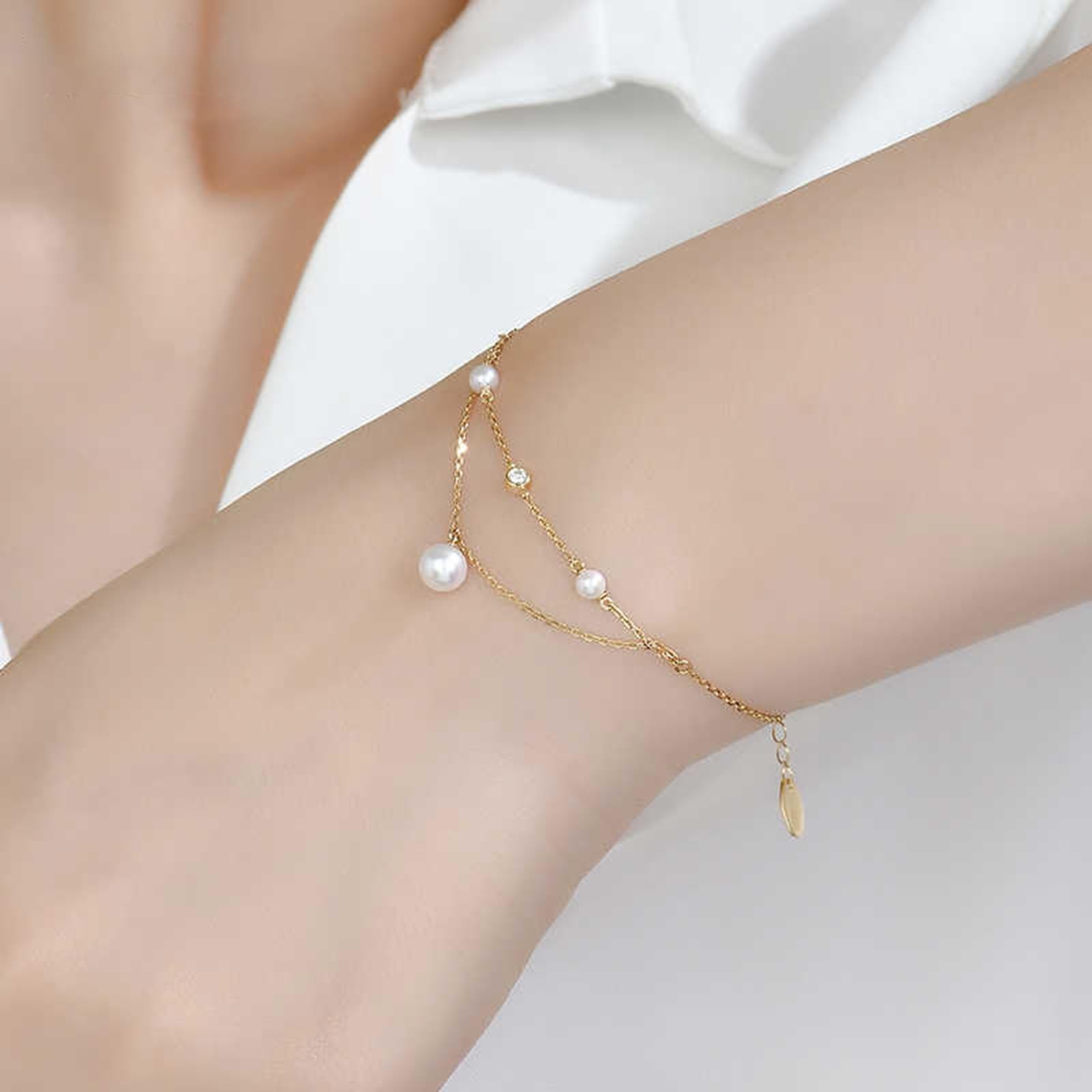 KnSam Bracciale da donna in oro giallo 9 K/14 K/18 carati, con perle, doppio strato 3-3,5 mm/5,5 – 6 mm, taglio rotondo, bianco, con moissanite 18/14/9 carati