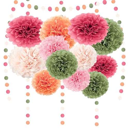 F-J Lot de 15 pompons décoratifs en papier de soie rose, vert, orange, avec pompons en papier et guirlande à pois, pour mariage, bal de fin d'année, fête...