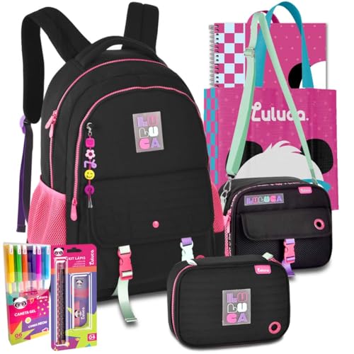Kit Mochila Luluca Escolar Lancheira Estojo Escolar Meninas Resistente Infantil Juvenil (Preto)