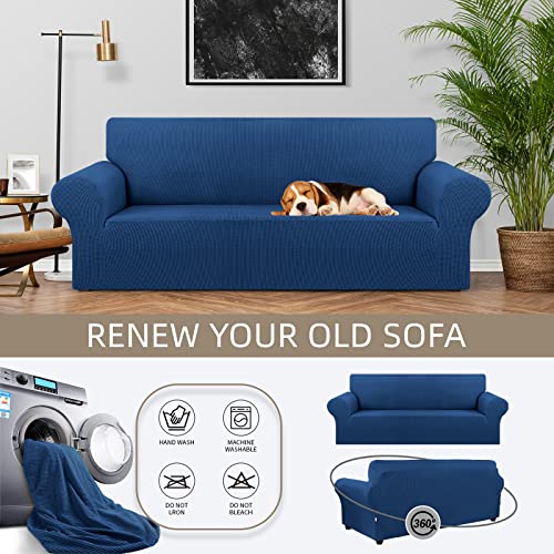 KEKUOU Stretch Sofa Cover Slipcover ,Couch Covers for 3 Cushion Couch Sofa pet Friendly (78"-94") Furniture Protector Sofa with Elastic Bottom for Kids,Dog, Jacquard Small Checked(Large,Classic Blue)