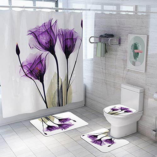 MANNUOSI Tapis de Bain Doux Antidérapant 4 pièces Ensemble de Tapis de Salle de Bain Contour WC Couverture de Toilette Siège Rideau de Douche Étanche(Imprimé Lotus Violet) Cover