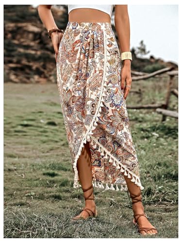 Verdusa Women's Paisley Print Wrap Fringe Skirt Boho High Waisted AWestern Symmetrical Long Skirts3