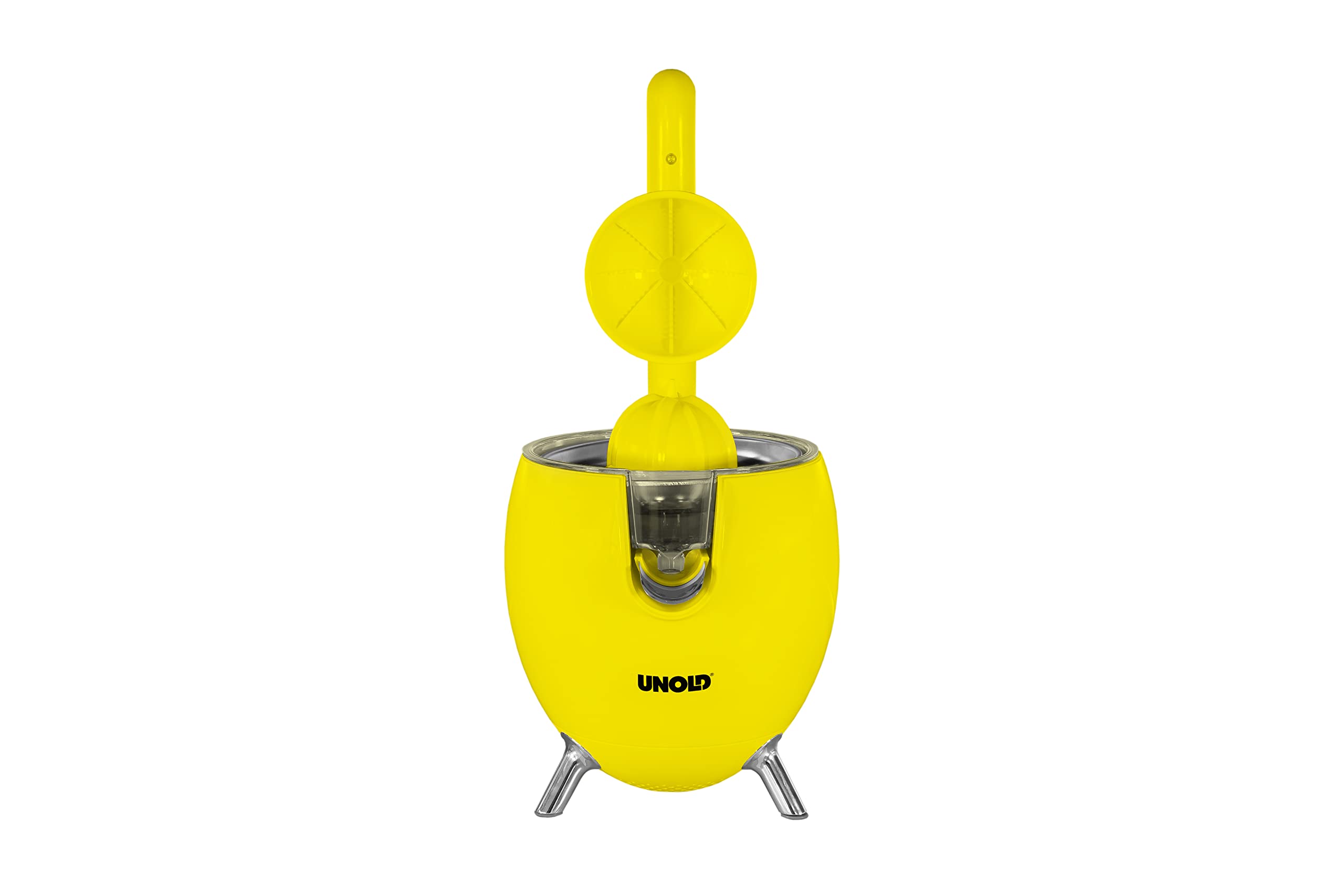 Unold 78132 Zitruspresse Power Juicy Yellow - für große und kleine Zitrusfrüchte, 1100W Motor für perfekte Saft-Ausbeute, Saftstopp-Auslauf, komplett zerlegbar, spülmaschinengeeignet, BPA-frei