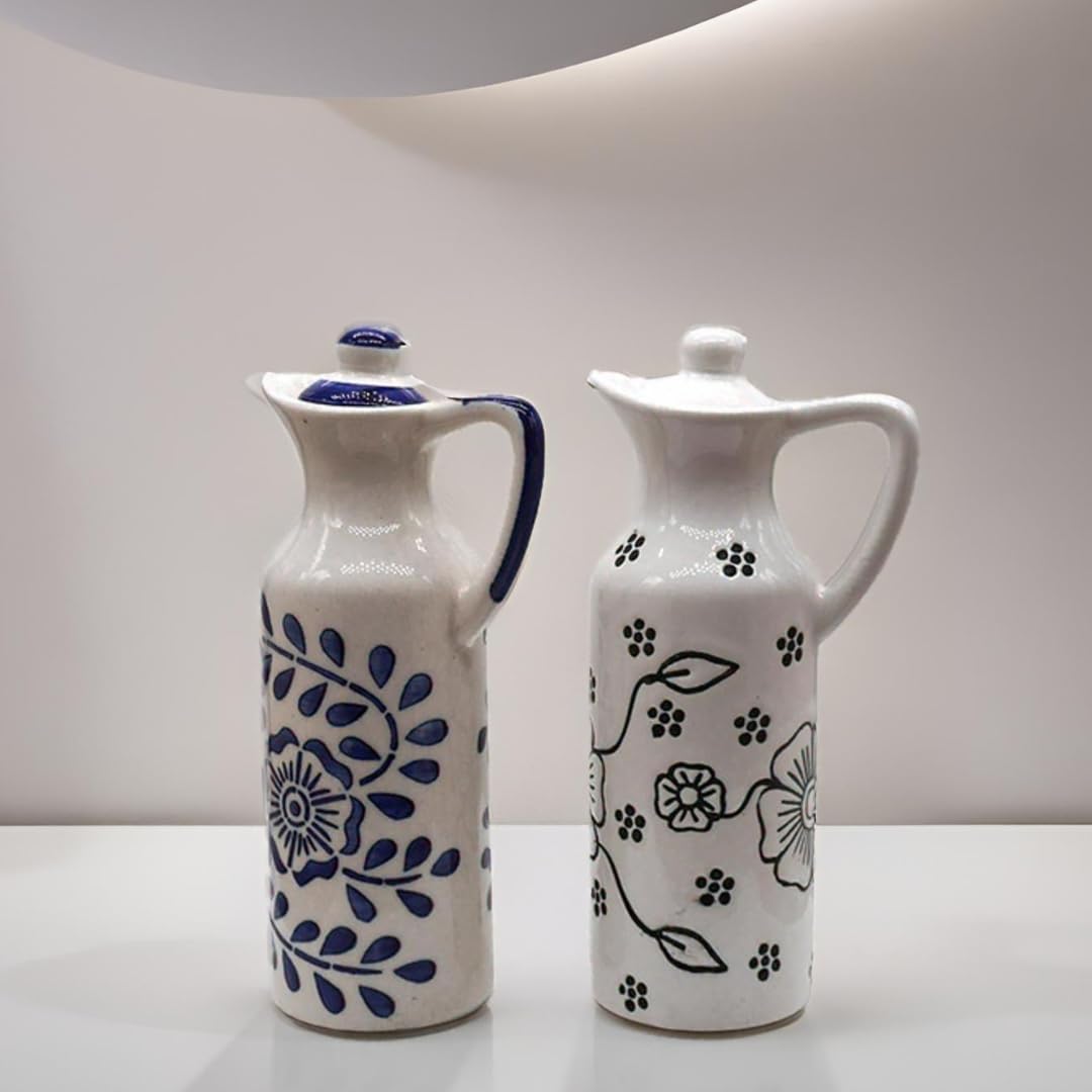 Kraftlik Handicrafts Ceramic Oil Dispenser Mini (Pack of 2) Vinegar Dispenser | Blue & White | 300 ml Each
