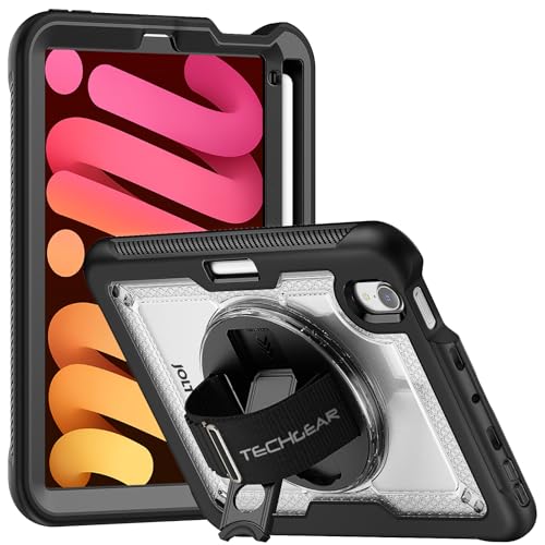 TECHGEAR JOLT-SHELL Case for Apple iPad Mini 7 / Mini 6 8.3 [7th / 6th Generation] Tough Rugged HEAVY DUTY Slim Shockproof Case with 360 Rotating Stand & Hand Strap Case - Clear