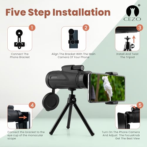 Image of Cezo 12x50 Monocular for Adults Kids,HD Monocular Scope for Gifts Monocular Telescope for Smartphone Watching Birds Hiking,Concert,Travelling- Black