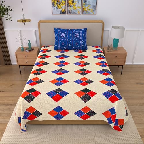Image of India 00% Cotton Single Bedsheet with 1 Pillow Cover | 240 TC Pure Cotton Flat Bed Sheet | Traditional Jaipuri Printed Bedding Set | Soft & Breathable | 60 x 90 Inch (Cream & Royal Blue)