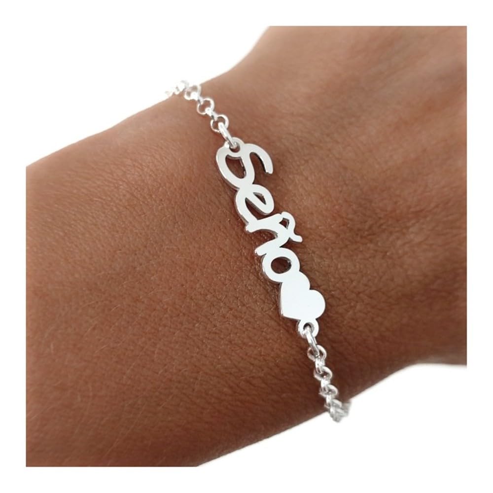 Pulsera Plata Ley 925m motivo Seño corazón cadena rolo 17cm.