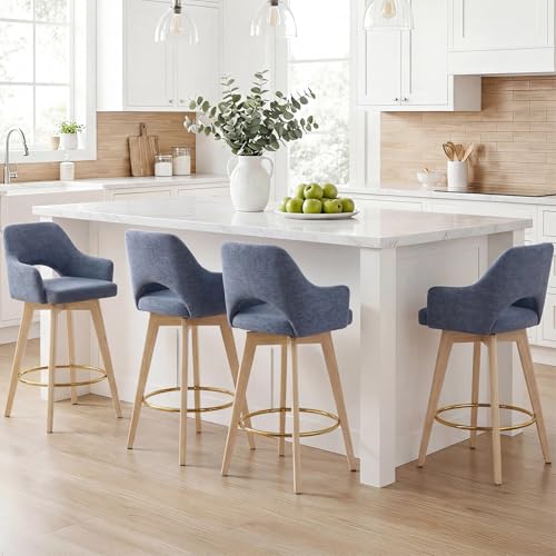 Image of Zesthouse Swivel Wooden Bar Stools Set of 2, Coastal Blue Counter Height Stools with Arm & Back, Upholstered Linen Fabric Barstools with Solid Wood Leg & Gold Metal Ring, High Chair for Kitchen Island