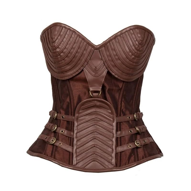 Brązowy gorset vintage gotycki w stylu steampunk, kurtka w stylu burleski, pancerz na ramionach, bolerko overbust, gorset ze stalowymi fiszbinami