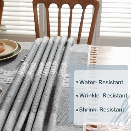 Image of Laolitou Tablecloths,Stitching Tassel Table Cloth,Cotton Linens Wrinkle Free Table Cover Decoration for Kitchen Dinning Party Grey Stripes Rectangle,55''x 86'',6-8 Seats