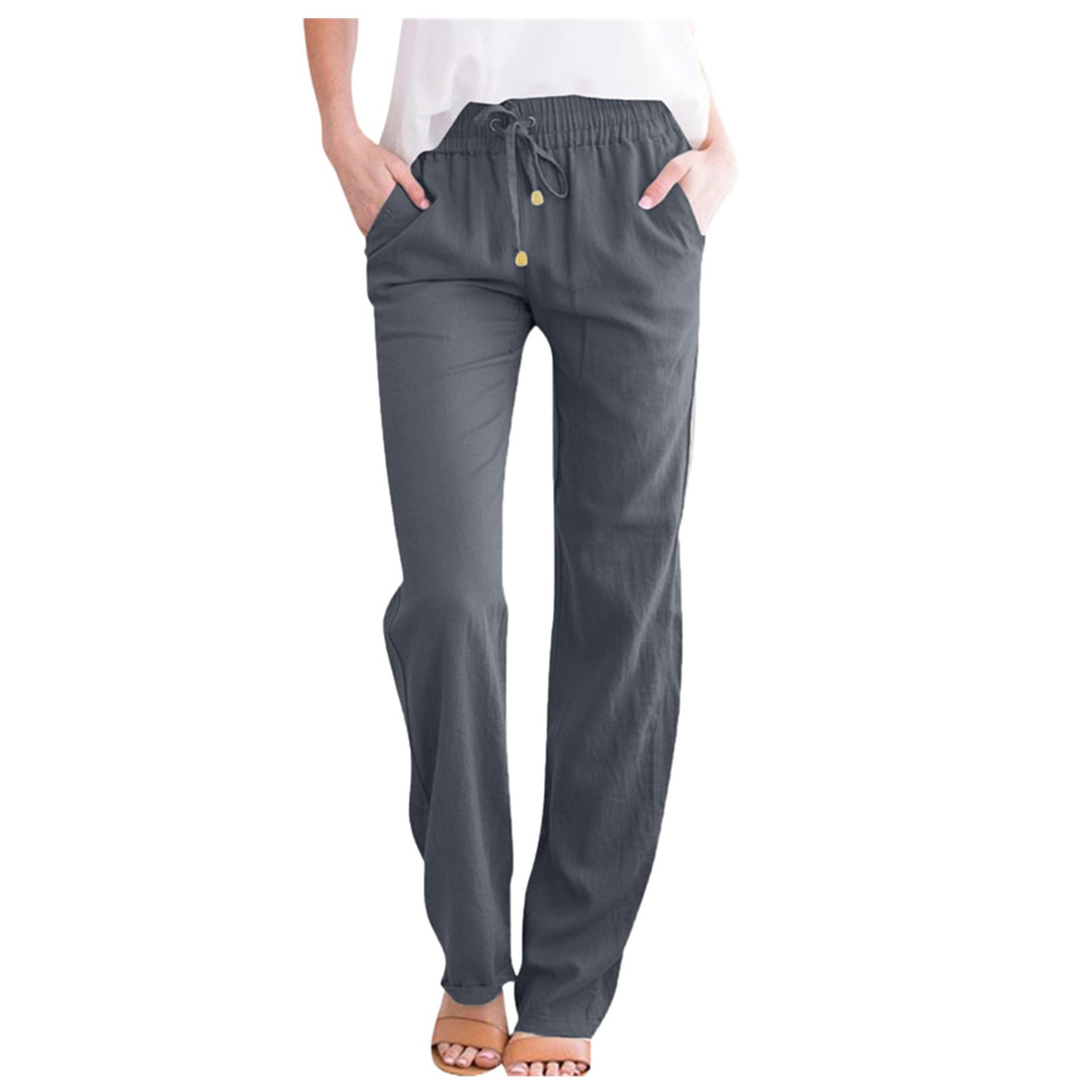 ZLQRSSWK Leinenhose Damen Hose Sommer Musselin Hosen Stoffhose Einfarbig Freizeithose Gerade Geschnitten Sommerhose und Taschen Sommerhose Damen Leicht Baumwolle Leinen Hose