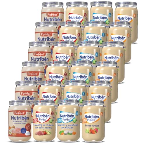 Nutribén Pack de 24 Potitos variados | Arroz con Pollo | Menestra de Verdura con Pollo y Ternera | Guisantes con zanahorias y merluza | Frutas Variadas - Desde los 6 Meses - 24 x 235gr