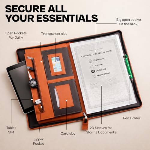 Image of Premium Leather folders for documents a4 Size & Legal Size, Waterproof documents Organizer, Professional Portfolio with Zip, 20 Leaf Files for certificates and documents,Includes Stylus Pen.