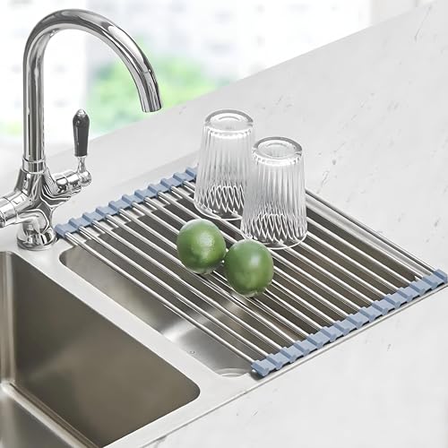 Bandeja para bañera, escurridor de platos, escurridor de platos, soporte para paños de fregadero, rejilla enrollable, escurridor de acero inoxidable resistente al calor, antideslizante (gris, 43 x 30