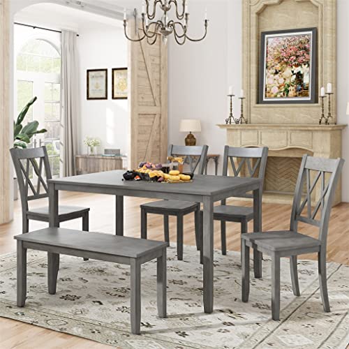 Zsedp 6 Piece Wooden Kitchen Dining Table Set Farmhouse Rustic Dining Table Set With Cross Back 4 Chairs And 1 Bench #TOP2