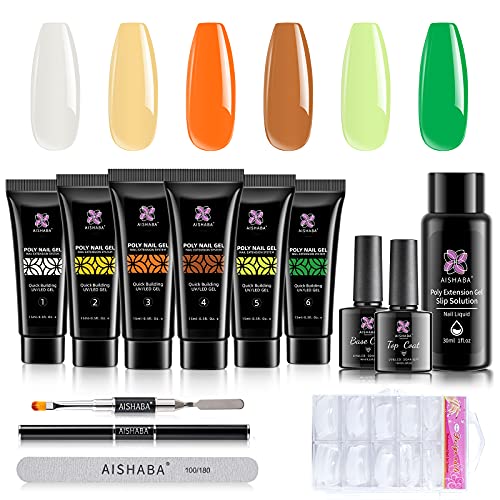 Aishaba Poly Nail Gel Kit Poly Extension Gel Nail Kit Glow in the Dark Extension Nail Gel White Poly Nail Gel Yellow Orange Green Poly Nail Gel Kit All-in one Nail Enhancement Kit with Slip Solution