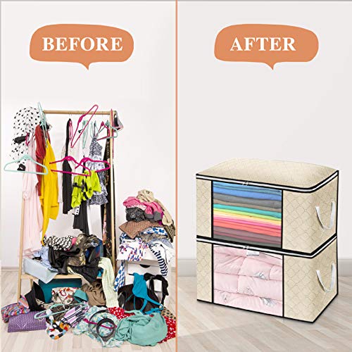 king do way Closet Organizer Clothes Storage Bags Large Capacity Storage Organizers with Reinforced Handle,Stainless Steel Zipper,3 Layer Fabric for Comforters,Bedding,Blankets Clothing (Off White, Storage without Divider,4 Pack)