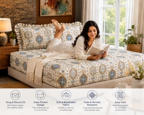 Image of Fitted Bedsheet Queen Size 300 TC Soft Cotton Feel Microfiber All Around Elastic Fitted Double Bedsheet with 2 Frill Pillow Covers | Size (60x78) Blue Traingle