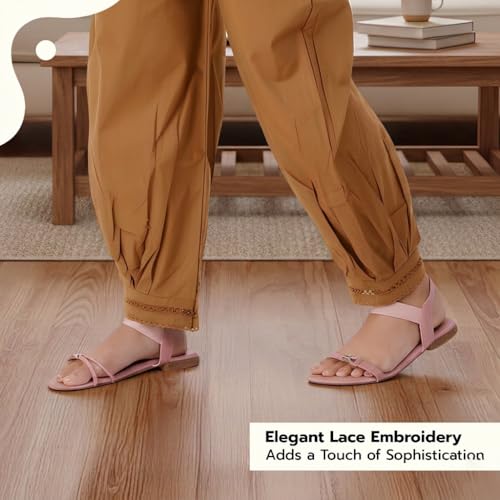 Image of Happy Bunny Women's Cotton Afghani Salwar with Lace Embroidery Detailing - Elastic Waist, Comfortable Loose Fit Bottoms for Casual, Ethnic