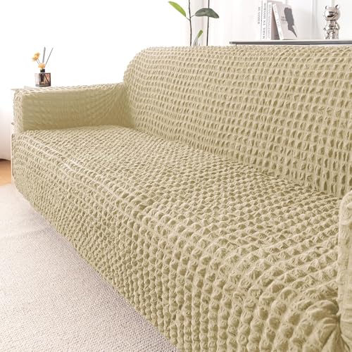 Image of HOKIPO 'Aria Nova' Elastic 280 GSM Stretchable 3 Seater Bubble Sofa Cover, Beige (NEW-AR-6210-BGE)