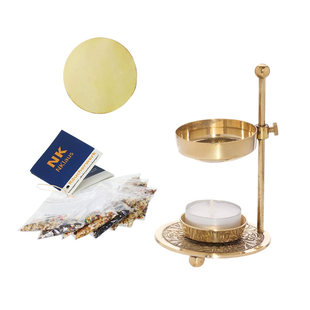 NKlaus Mały zestaw kadzidełek 10-częściowy świeczki typu tealight palnik do kadzidełka regulowany, złoty mechanizm kadzidełkowy