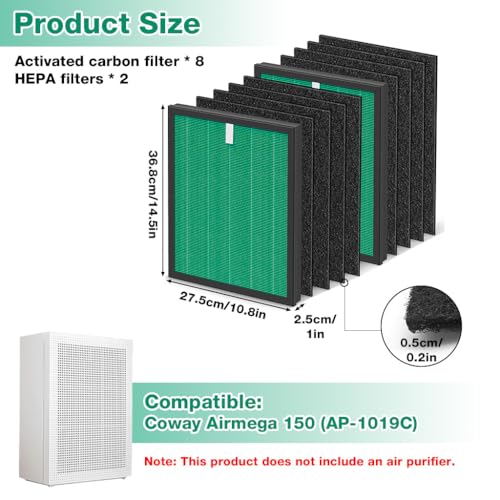 Image of HASTHIP 2Pcs HEPA Filter for Coway Airmega 150 (AP-1019C), Air Filter for Home Air Purifier Activated Carbon Formaldehyde Removal Composite Filtration Cartridge, Airborne Pollutants, Odor