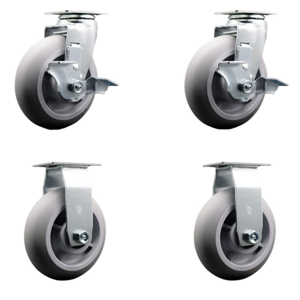 Rigid Top Plate Caster – Gray 5 Inch by 2 Inch Thermoplastic Rubber Donut Tread Wheel – Roller Bearing – 450 lbs. Capacity Per Caster – Service Caster Brand