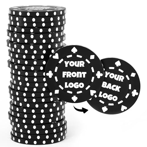 50 Custom Clay Poker Chips, Imprinted in Full Color with Your Logo, Image or Text, 40mm Heavy 11.5 Grams Casino Sized Clay Poker Chips with Logo for Bar Drink Tokens, Card Club or Golf Club (Black)