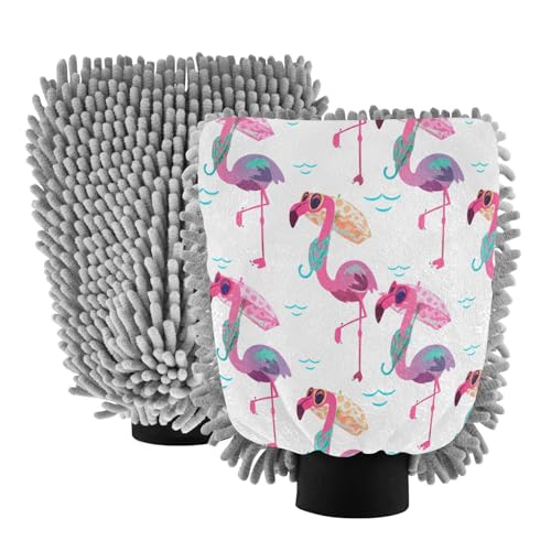 STAYTOP Flamingo Car Wash Mitt Microfiber, 2Pcs Scratch Free Lint-Free, Premium Chenille Microfiber Mitt Car Wash Brush-L