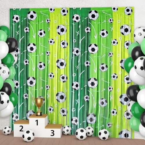 Soccer Foil Fringe Curtains Backdrop Birthday Party Decorations 2 Pack 3.28 x 6.56 Ft Green Soccer Tinsel Streamers Banner Photo Booth Props for Sports Themed Party Decor Supplies Favors