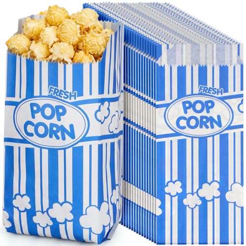 Image of Potchen 300 Pcs Popcorn Paper Bags Disposable Grease Resistant Striped Popcorn Container for Movie Night Carnival Party Theater(Blue,1 oz)
