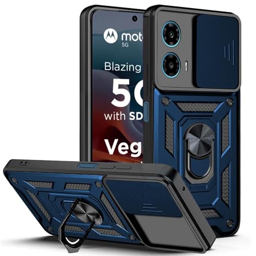 Image of SPAZY CASE Moto G45 5G / G34 5G Back Cover | Heavy Duty Hybrid Case with 360 Degree Rotating Finger Ring Holder + Slider Shutter Camera Protection Case for Moto G45 5G / G34 5G - Blue