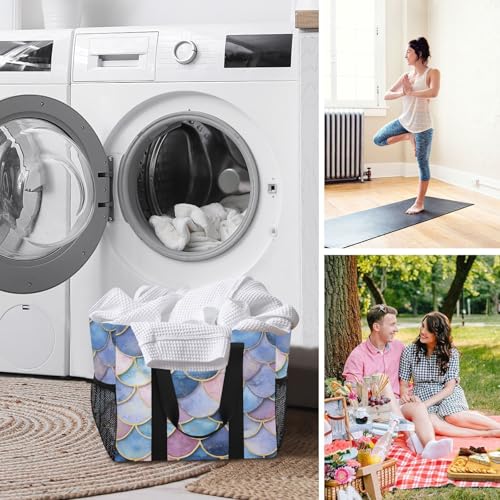 Large Waterproof Travel Tote Bag for Women Men, Watercolor Pink Blue Mermaid Scales Canvas Beach Bag with Lining & Pockets - Reusable Grocery/Laundry/Kitchen/Pool/Picnic Tote (15.4x9.8x12.8i 7