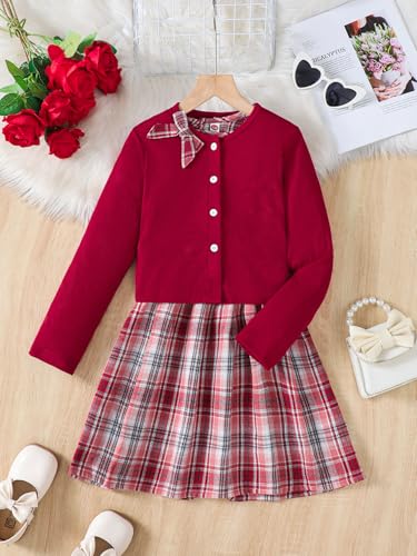 Image of PureChapter Girls' Preppy Clothes Plaid Vest Dress Cardigan Jacket Belt Cute Kids Clothes 7-14Y Green