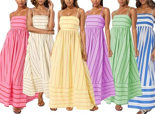 Image of Women's Summer Striped Maxi Dress Spaghetti Strap Sleeveless Smocked Trendy Flowy Beach Long Dresses