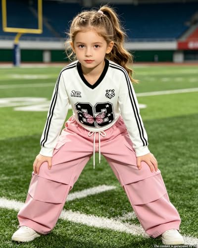 Image of Betusline Girls 2 Piece Summer Outfits,Kids Casual Short Sleeve Crop Top & Cargo Jogger Pants Sets,4T-14Y