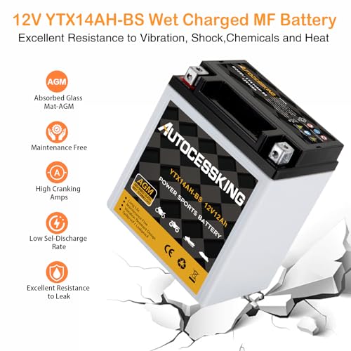 Image of Autocessking YTX14AH-BS 12V 12Ah Battery, Rechargeable Sealed AGM Battery Maintenance Free Powersport Replacement Battery for Motorcycle, ATV and Scooter