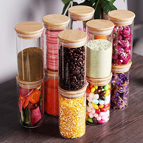 Image of glass jars with Round wooden lid glass jar 270 ml set food storage containers Borosilicate glass jar for Sugar, and Other Dry food storage set of 12(12, Round BAMBOO LID GLASS JAR 270ml -)