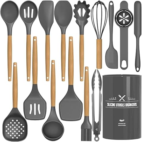 Cooking Kitchen Utensils Set, AIKKIL 16 Pcs Silicone Cooking Utensils Set with Holder, Heat Resistance, Wooden Handle Grey Kitchen Gadgets Utensil Set for Nonstick Cookware Cover