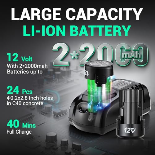 Image of DCA 12V Cordless Drill Set SDS-Plus Hammer Drill, 1J 3-IN-1 Power Drill with Variable Speed, 2*2.0Ah Battery, 0-900 RPM /5600 BPM, with 3 /8 inch Drill Chuck, 4 Drill Bits for Concrete, Brick, Metal, Wood