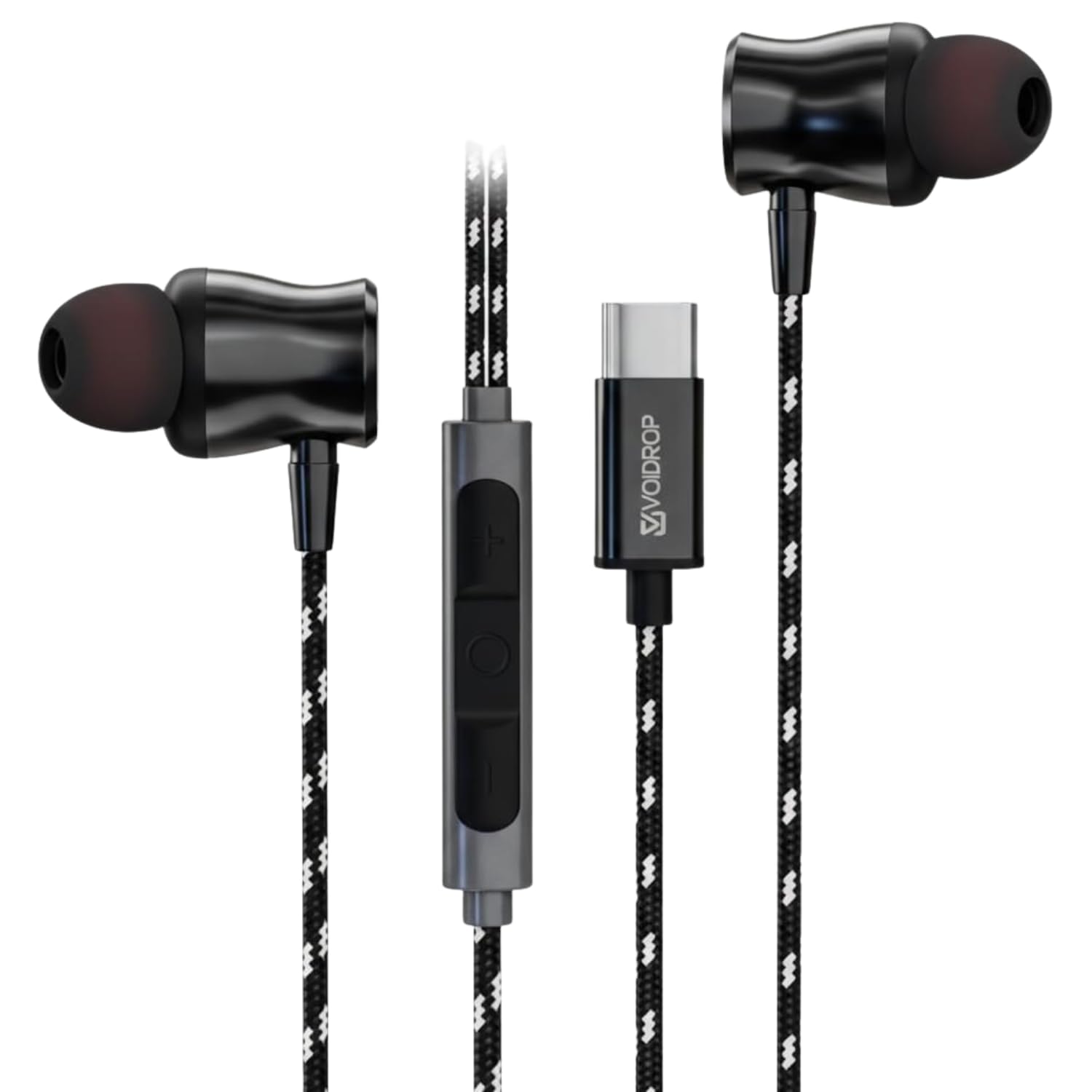 VOIDROP C Type Earphones Wired, 14 mm Bass Drivers Earphone, Inline Control Type C Headphones with Mic, Comfort Fit Type C Earphone with Volume Control, Metallic C Pin Earphones (Black/White)