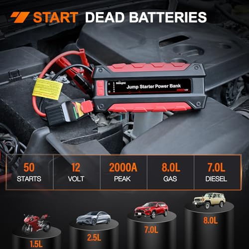Image of Nilight 2000A Car Battery Jump Starter Up to 8.0L Gas /7.0L Diesel Engines | Start Your Vehicle Under Low Voltage Conditions Jump Start Booster Pack Jumper Cables LED Light Portable 12V DC Output