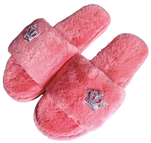 Fashion Fur Slide Slippers for women girl,Bling Rhinestone Crown decoration flat Open Toe sliders plush slippers Slip on Cozy,7-8,pink