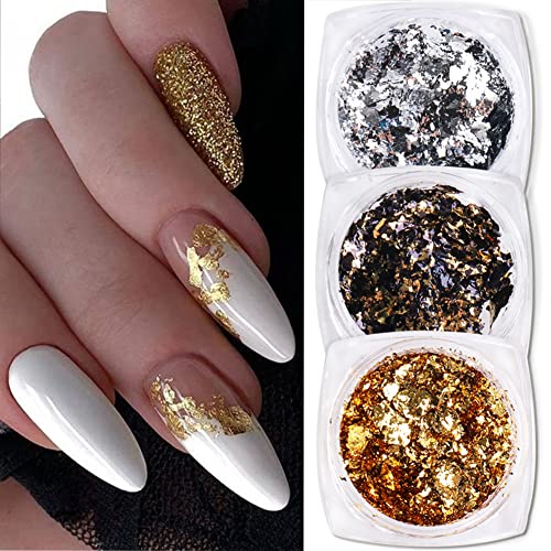 Gold Nail Art Foil Glitter Flakes Nail Powder Sequins 3D Sparkly Aluminum Foil Flake Nail Art Supplies For Nails Chrome Powder Holographic Diy Winter Manicure Decorations 3 Boxes #TOP9
