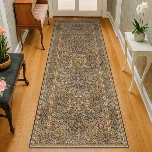 Brown 2'6" x 8' Runners for Hallways Non Slip, Extra Long Floor Runner for Kitchen, Entryway Indoor, Washable Rubber Backing Stain Resistant - Soft Boho Vintage Gold Brown Floral Décor