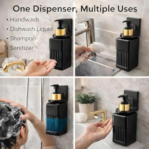 Image of Wall Mounted Soap Dispenser 300ml with Strong Adhesive Holder, No Drill Refillable Liquid Handwash Pump, Bathroom Kitchen Shampoo Sanitizer Dispenser (1, Black)