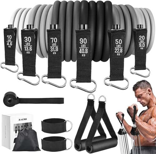 Juego de 6 Gomas Elasticas Musculacion, Bandas Cintas Elasticas Musculacion 5 Niveles de Resistencia con Anclaje para Puerta, Asas, Correa para Tobillo, Ideal para Yoga, Pilates, Desarrollo Muscular